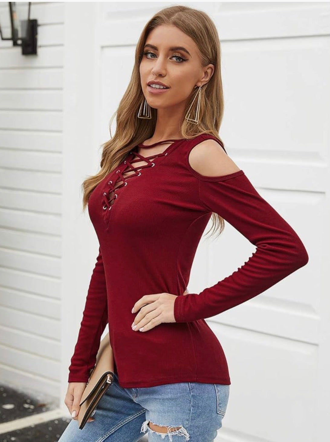 Crisscross Off The Shoulder Long Sleeve (Red)