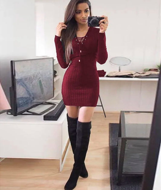 Knitted Long Sleeve Dress (Burgundy)