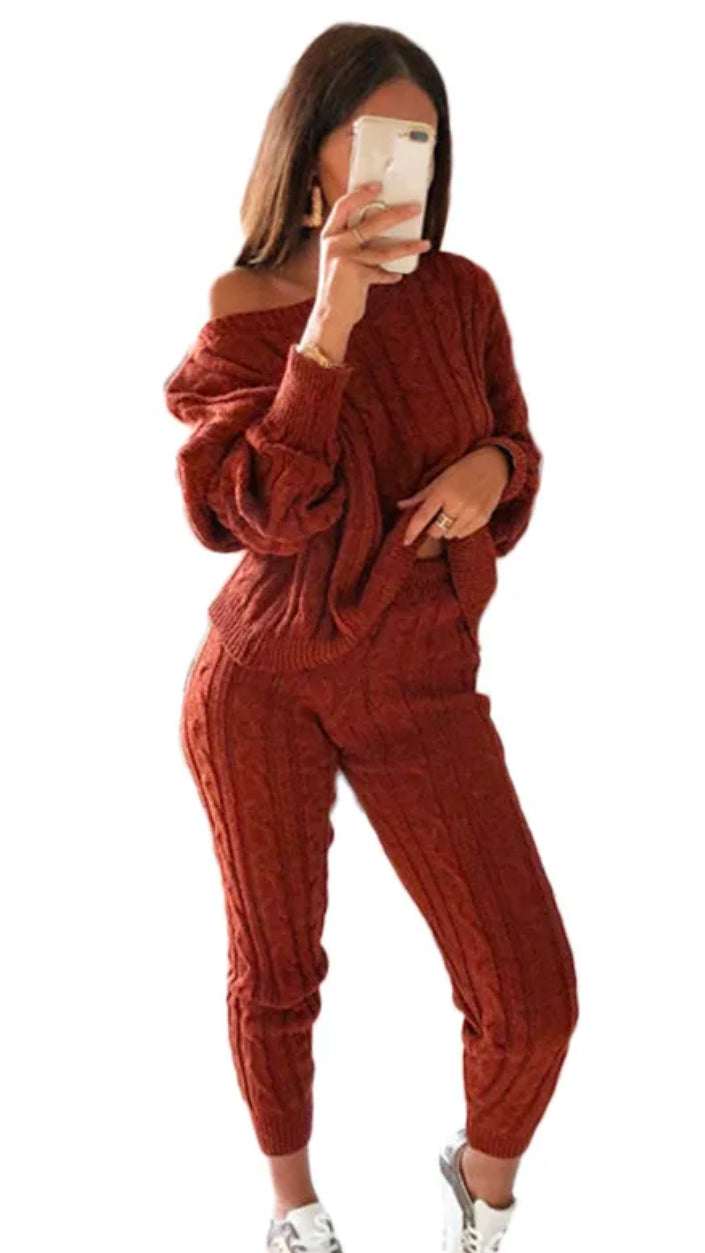 Knit Drop Shoulder Sweater & Drawstring Waist Knit Pants (Burgundy)