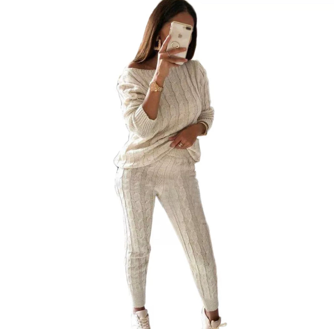Knit Drop Shoulder Sweater & Drawstring Waist Knit Pants (White)