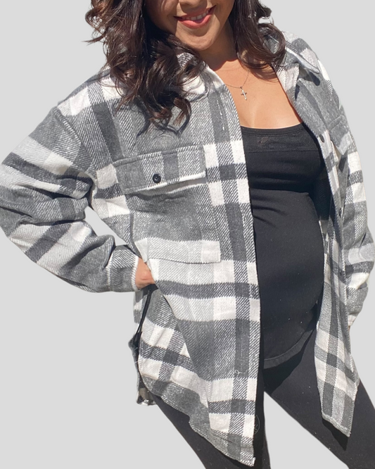 Plaid Button Front Oversized Top (Grey)