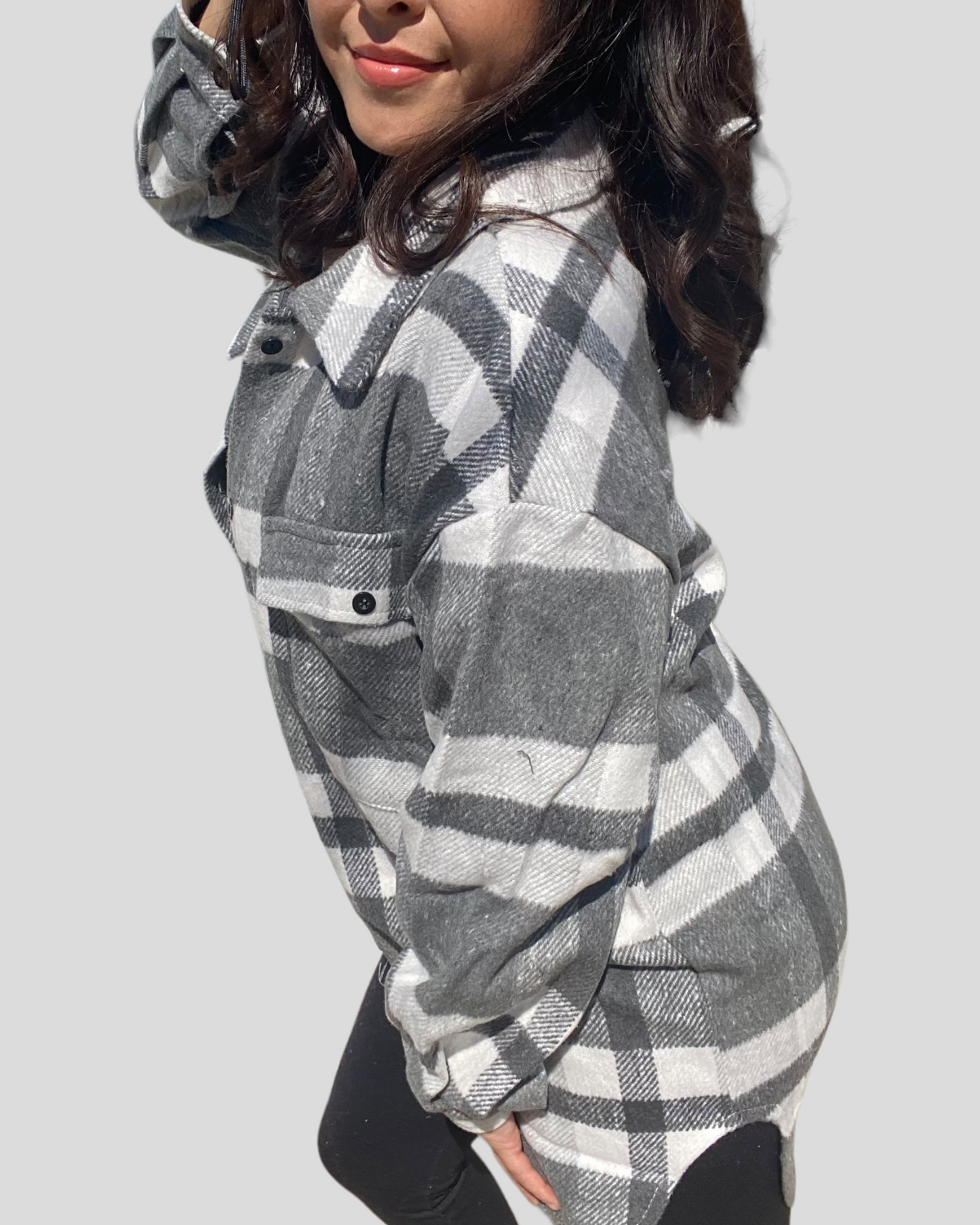 Plaid Button Front Oversized Top (Grey)