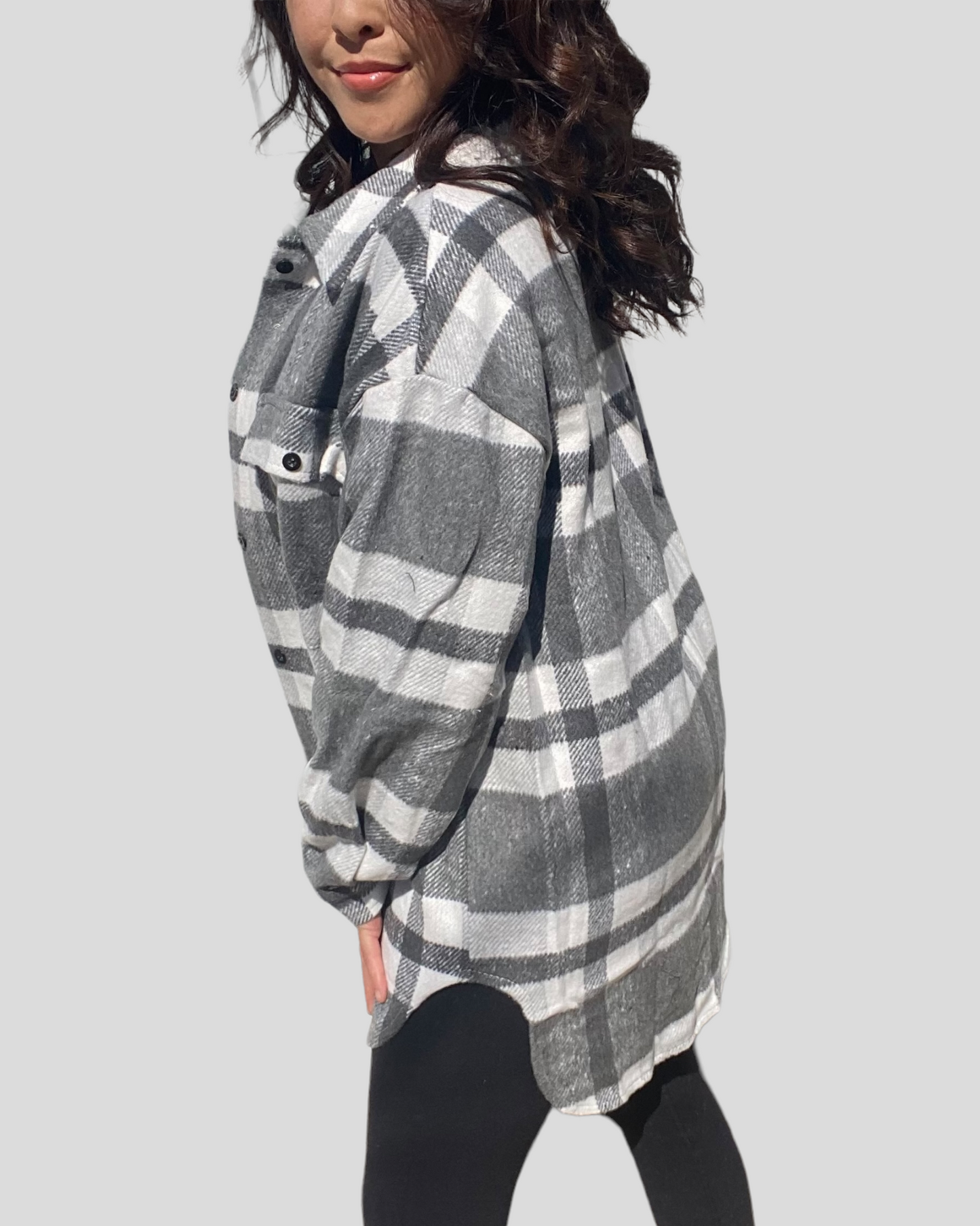 Plaid Button Front Oversized Top (Grey)